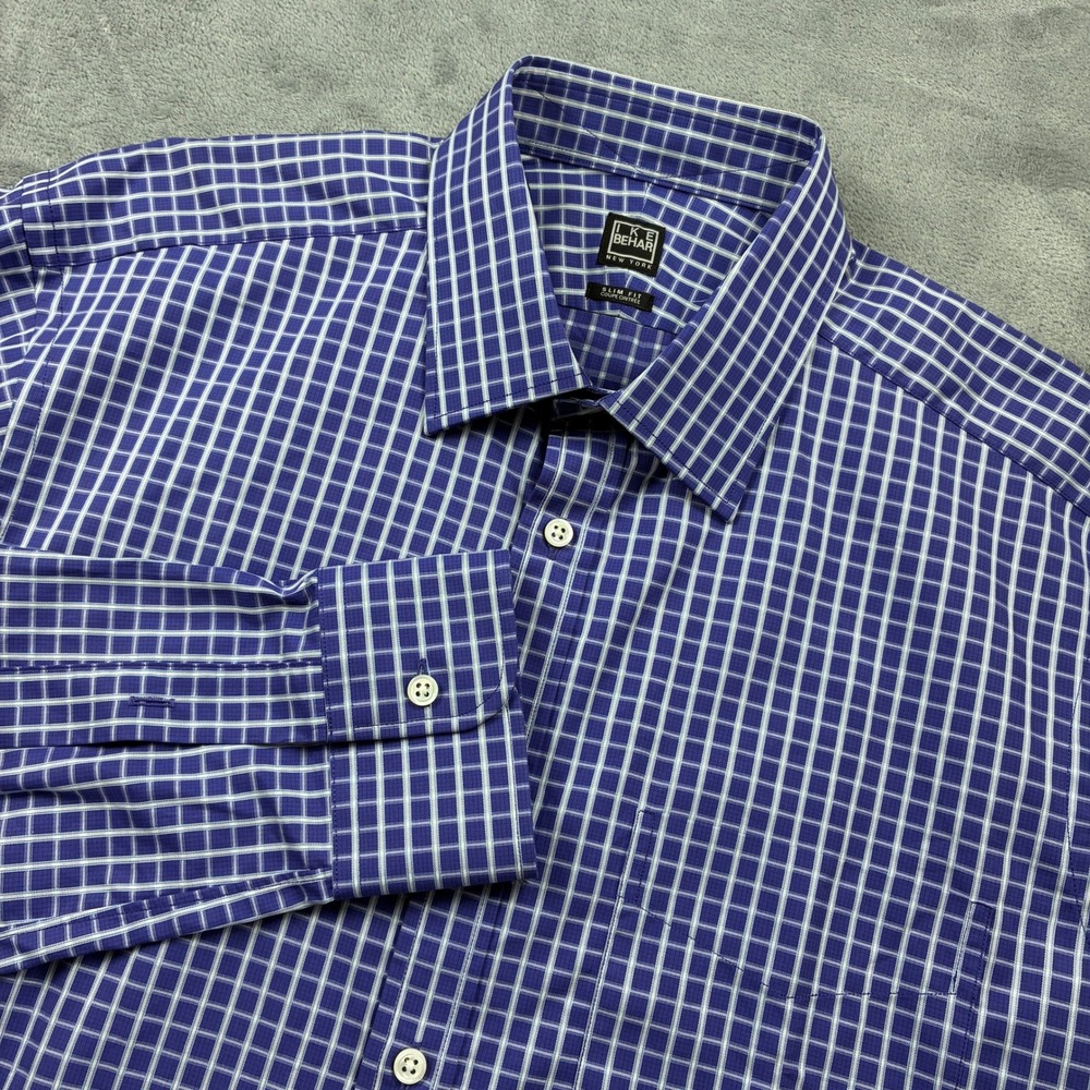 NWOT Ike Behar Slim Fit Blue White Grid Check Cotton Dress Shirt 16.5 36/37 Men